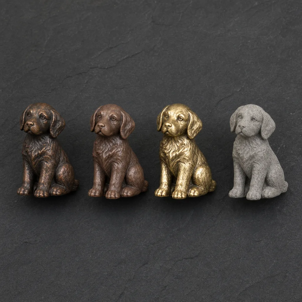 A flat-lay comparison photograph on a dark slate surface showing four small dog figurine sculptures side by side in iden