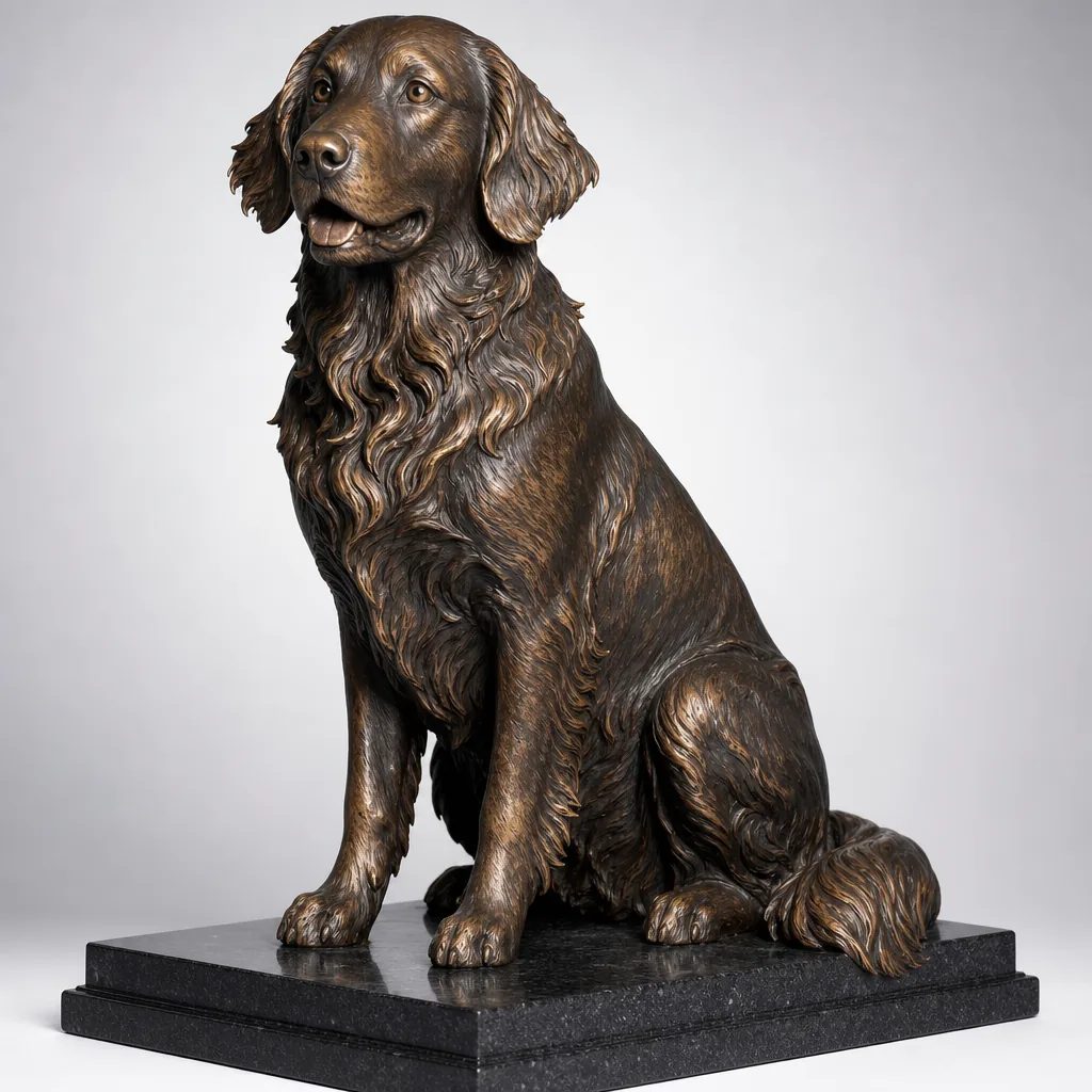 A beautifully lit studio photograph of a life-size bronze Golden Retriever sculpture in a sitting pose on a polished bla