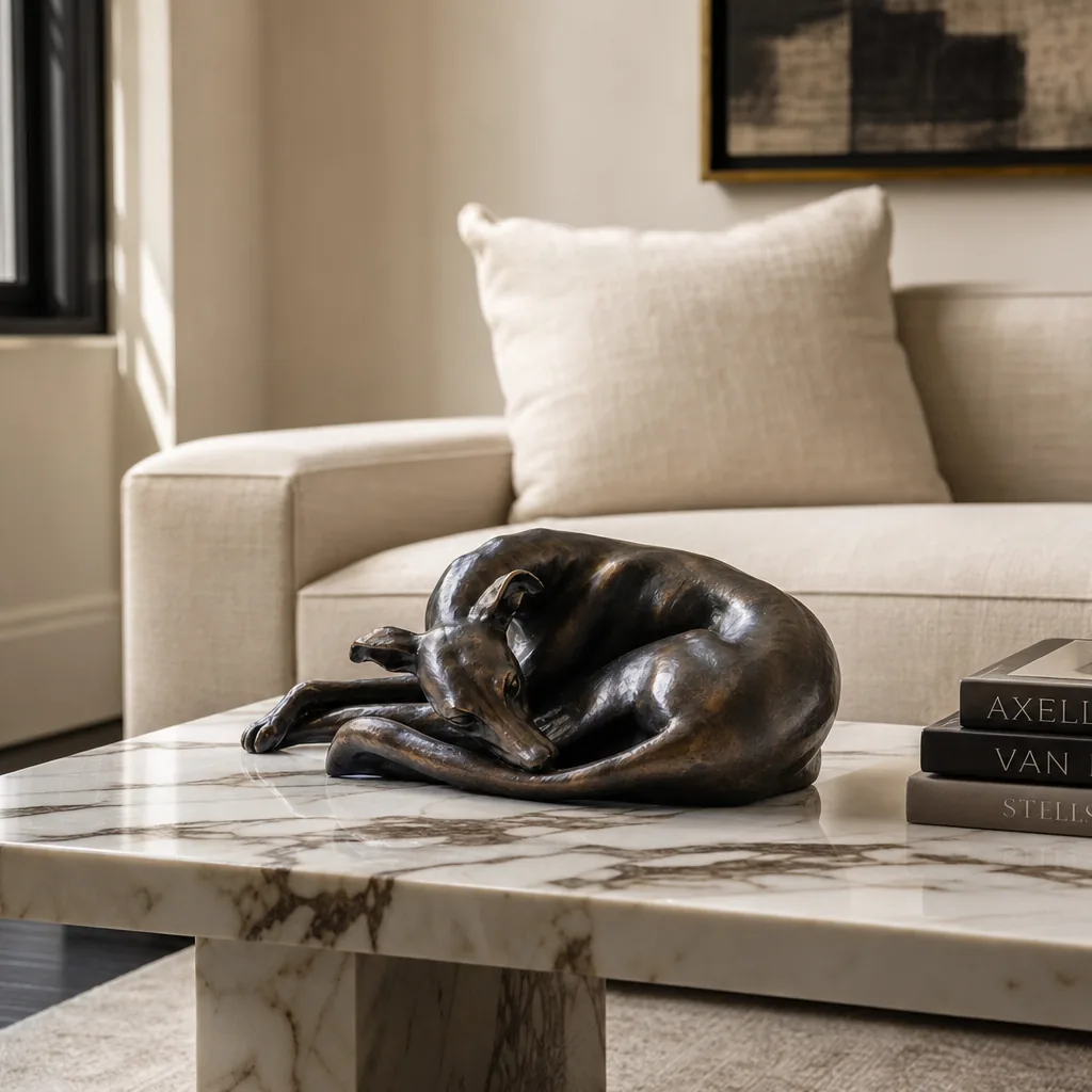 An intimate interior photograph of a bronze Whippet sculpture in a curled resting pose — nose touching tail — displayed 