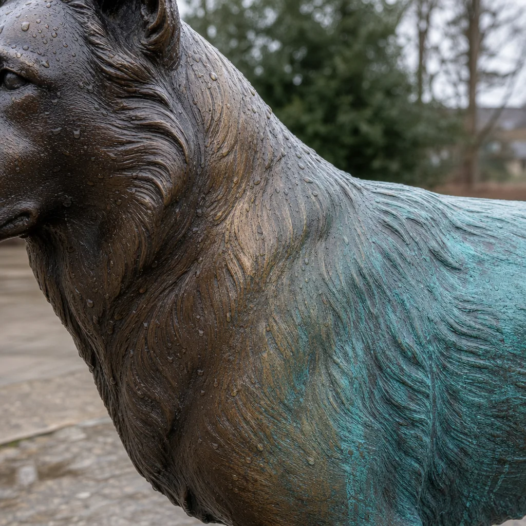 A close-up detail photograph of an outdoor bronze dog sculpture showing the natural aging of bronze patina over time. Th