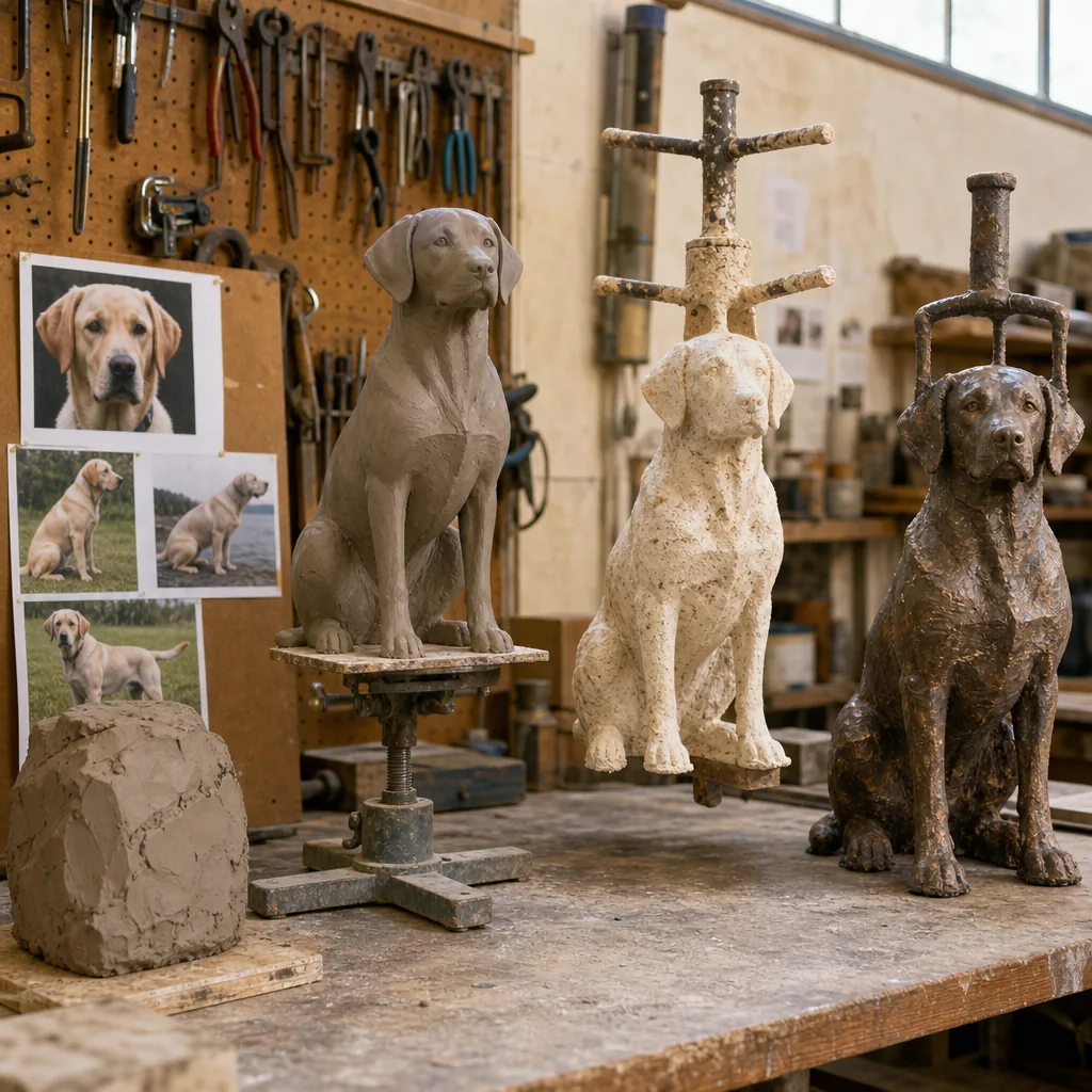 A sculptor's studio photograph showing multiple stages of the lost-wax bronze dog commission process arranged in a singl