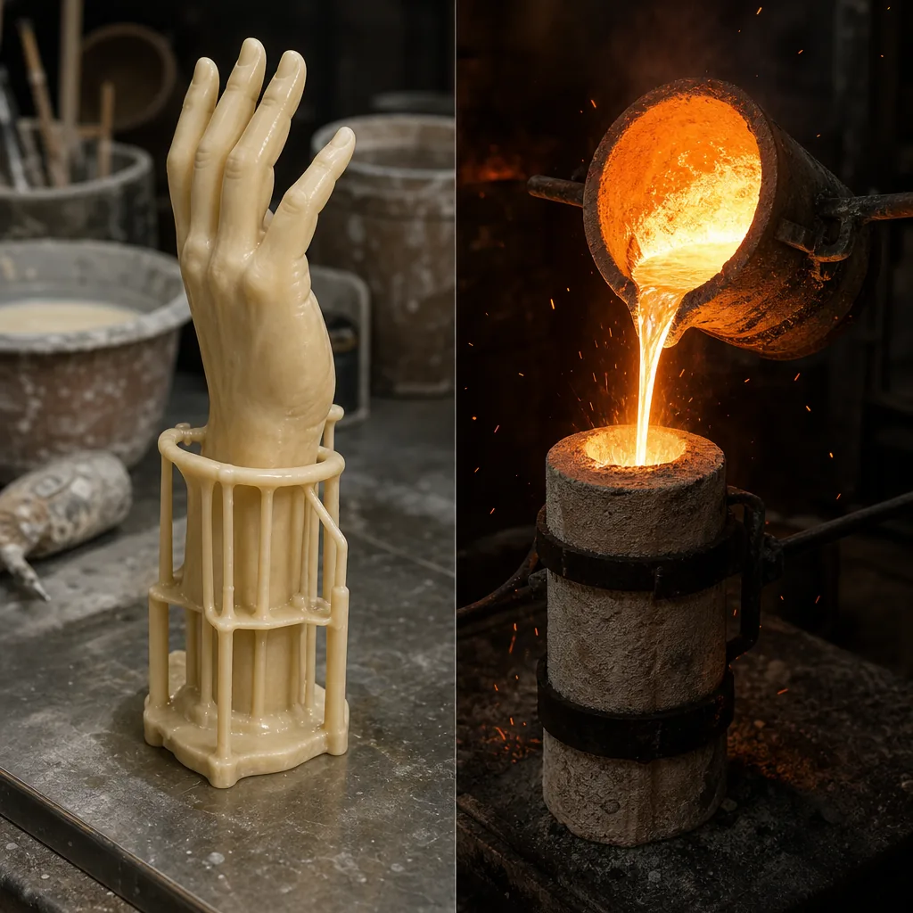 A split-composition photographic illustration showing two stages of lost-wax bronze casting side by side: on the left, a