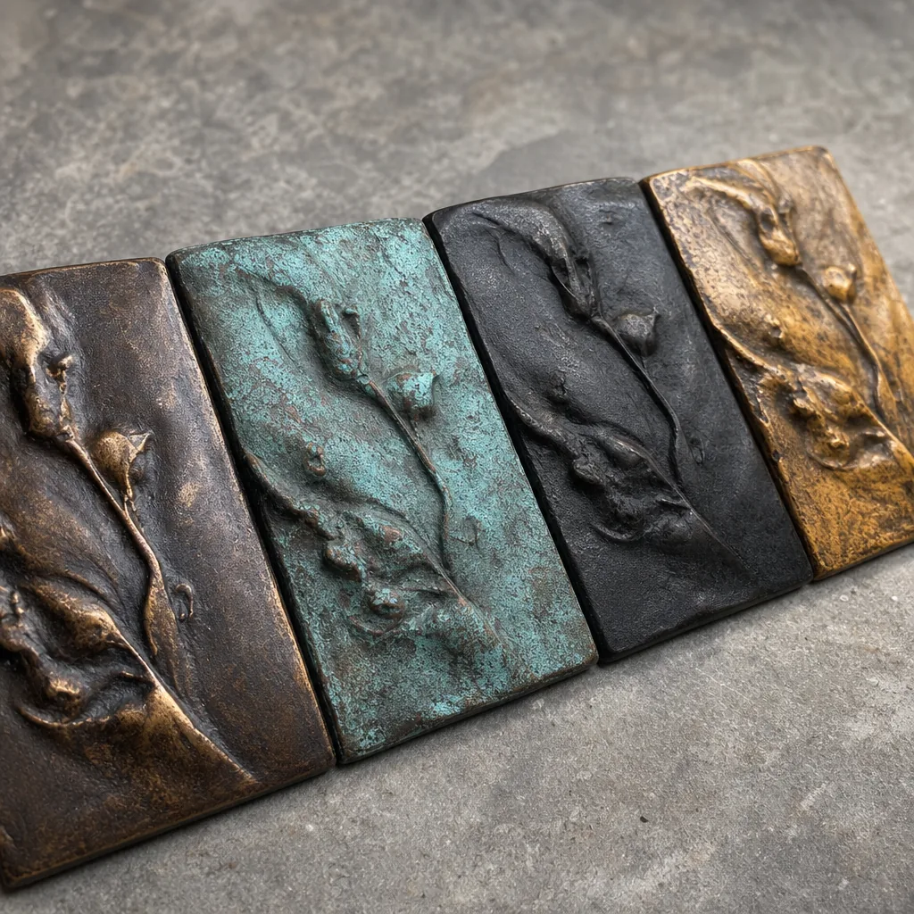 A close-up macro photograph of four bronze sculpture surface samples arranged in a row on a grey stone surface, each app