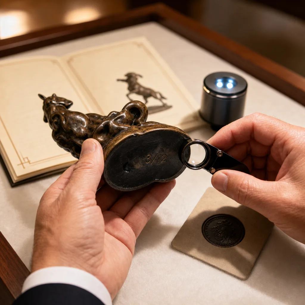 An elegant collector's examination scene: a person's hands (no face visible) holding a small high-quality bronze figurin