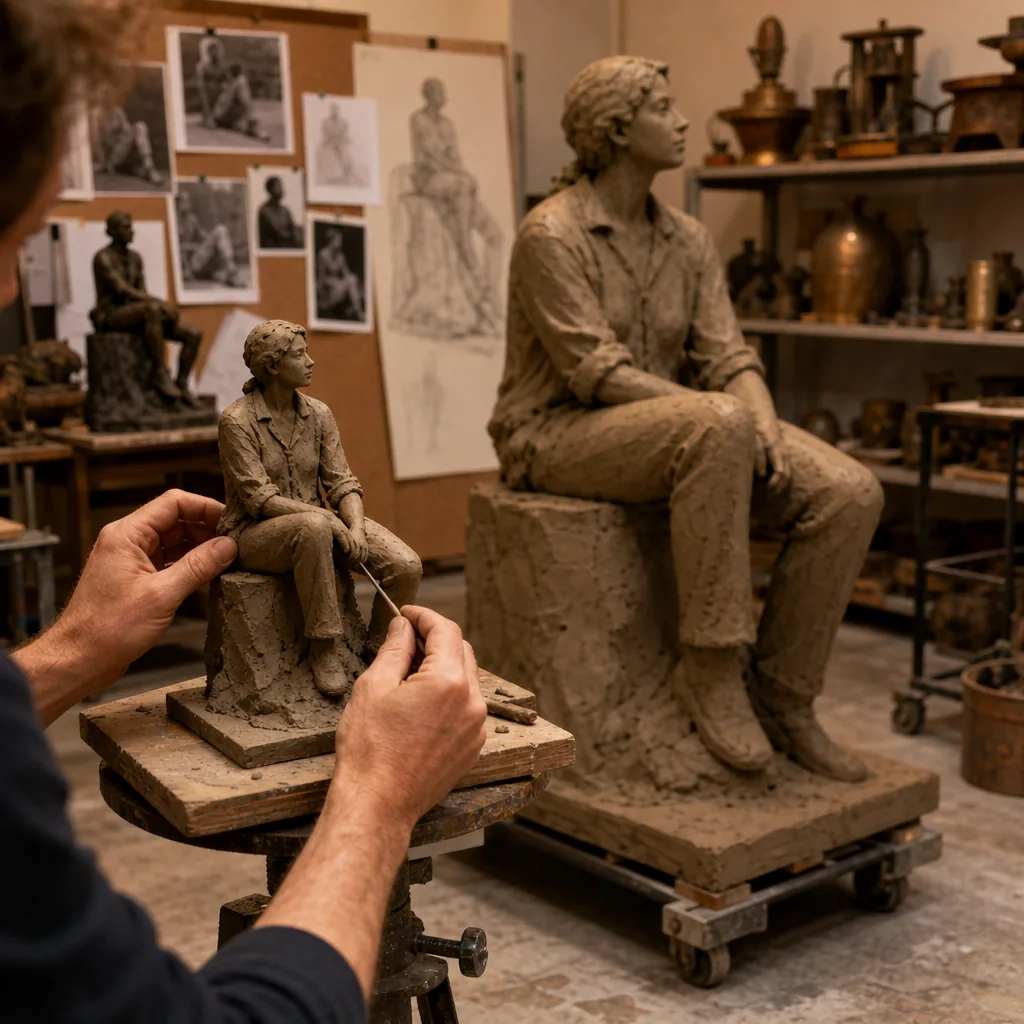 A behind-the-scenes studio photograph showing the progression of a bronze commission: in the foreground, a sculptor's ha