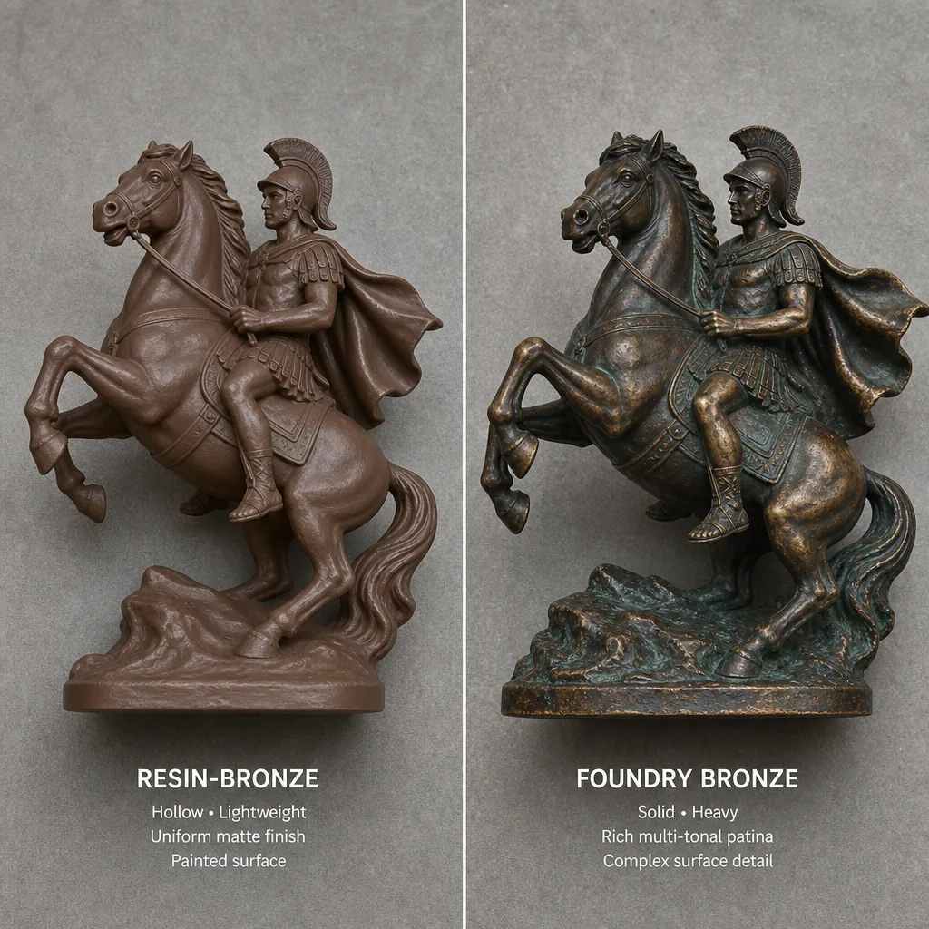 A split-frame comparison photograph on a neutral gray studio surface: on the left, a hollow lightweight resin-bronze dec