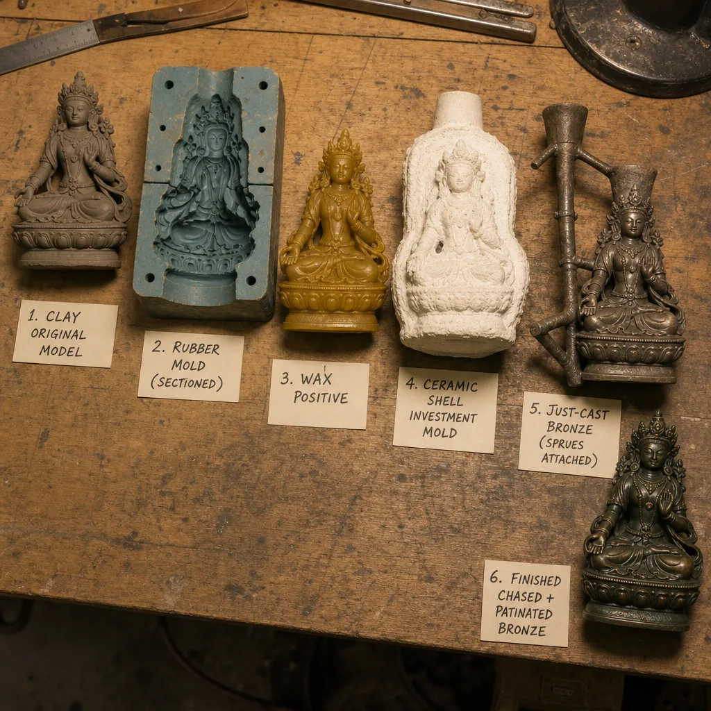A documentary-style overhead flat-lay photograph on a large wooden foundry workbench showing the sequential stages of th
