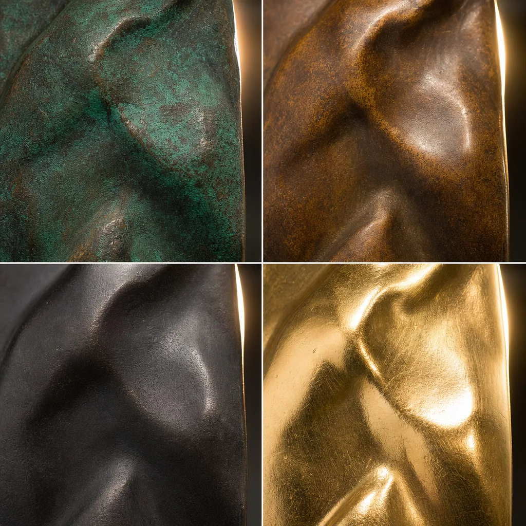 A close-up macro photograph showing four bronze sculpture surface samples arranged in a 2x2 grid, each displaying a dist