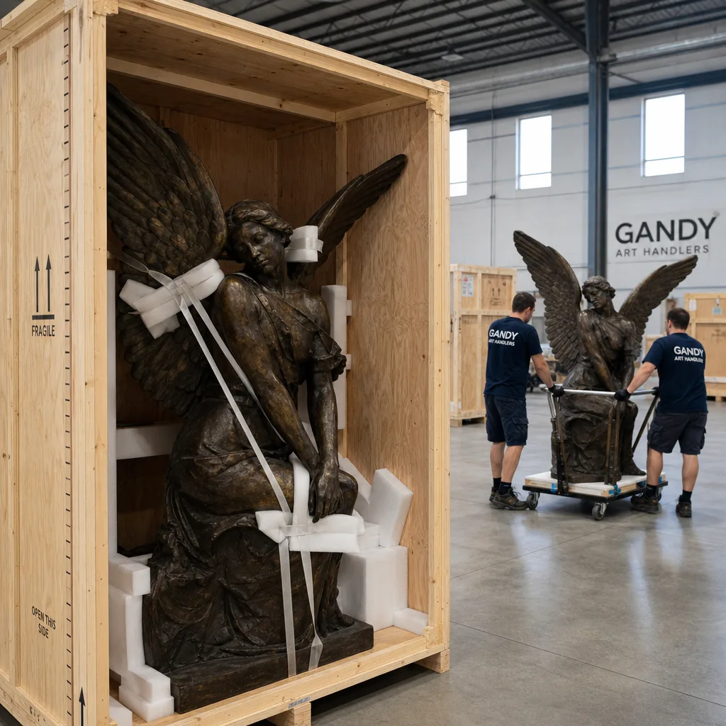 A wide-angle photograph of a professional art logistics operation: a large custom-built wooden crate open in the foregro