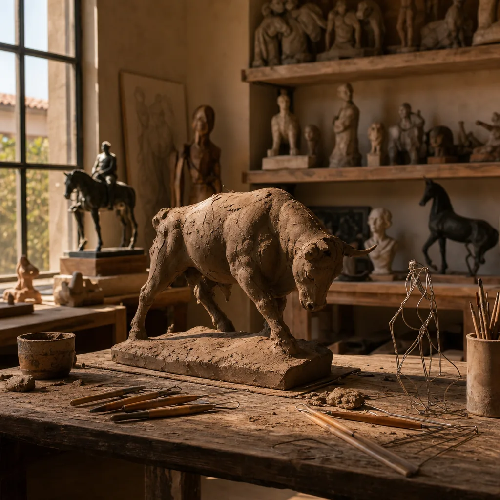 An atmospheric editorial photograph depicting a sculptor's studio in warm afternoon light. On a wooden work table sits a