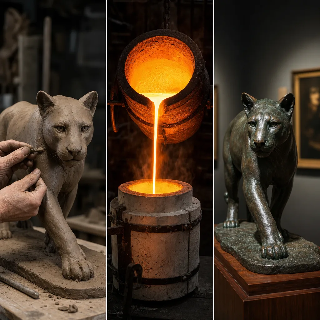 A triptych-style composite image showing three stages of the lost-wax bronze casting process: on the left, a sculptor's 