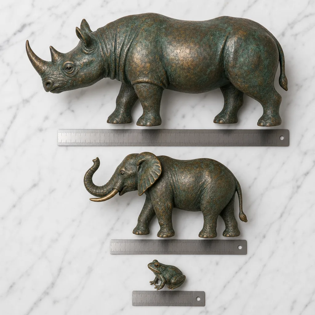 A clean, well-lit flat-lay photograph of several bronze animal sculptures of varying sizes arranged on a white marble su