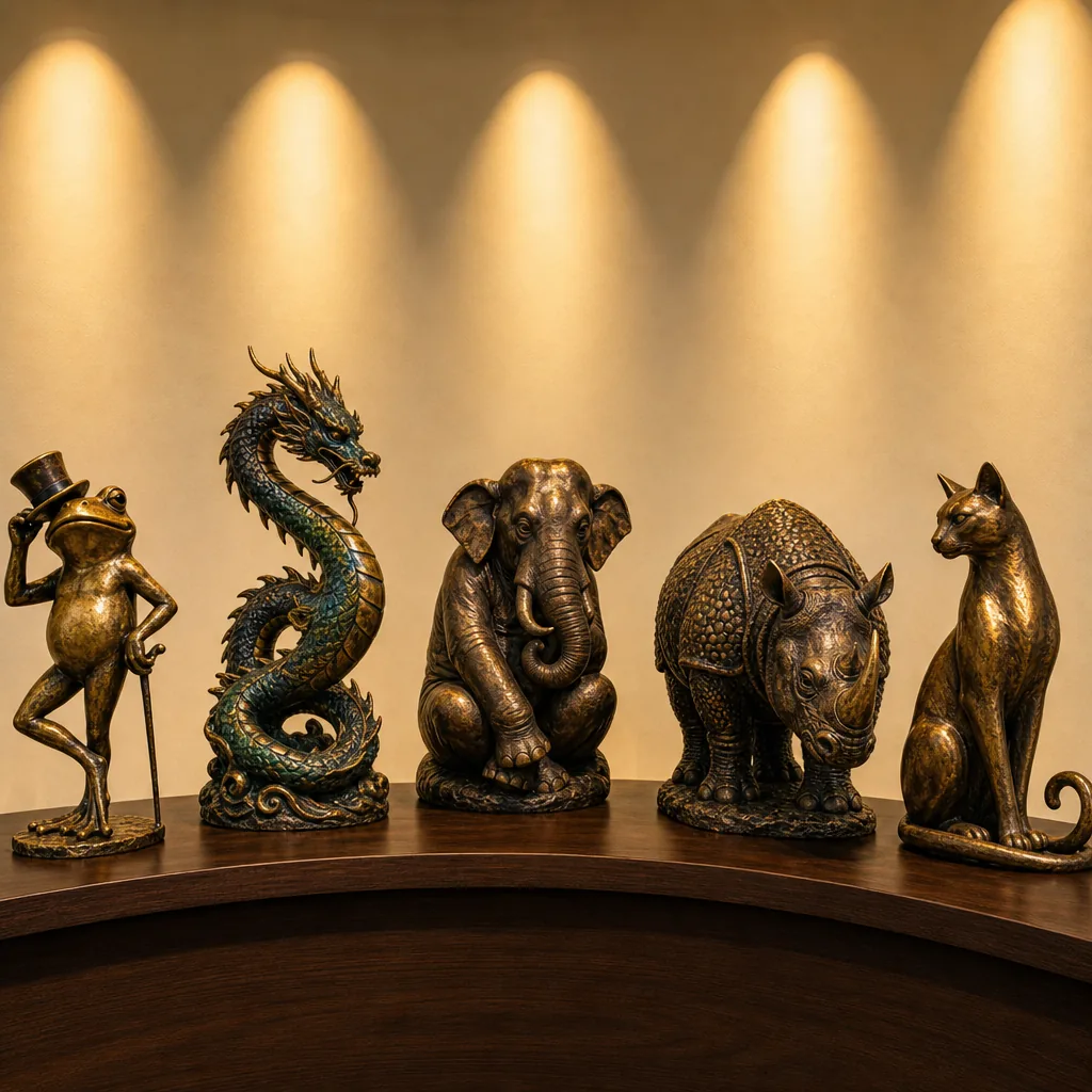 Five distinct bronze animal sculptures arranged in a graceful arc on a dark walnut display shelf against a warm cream wa