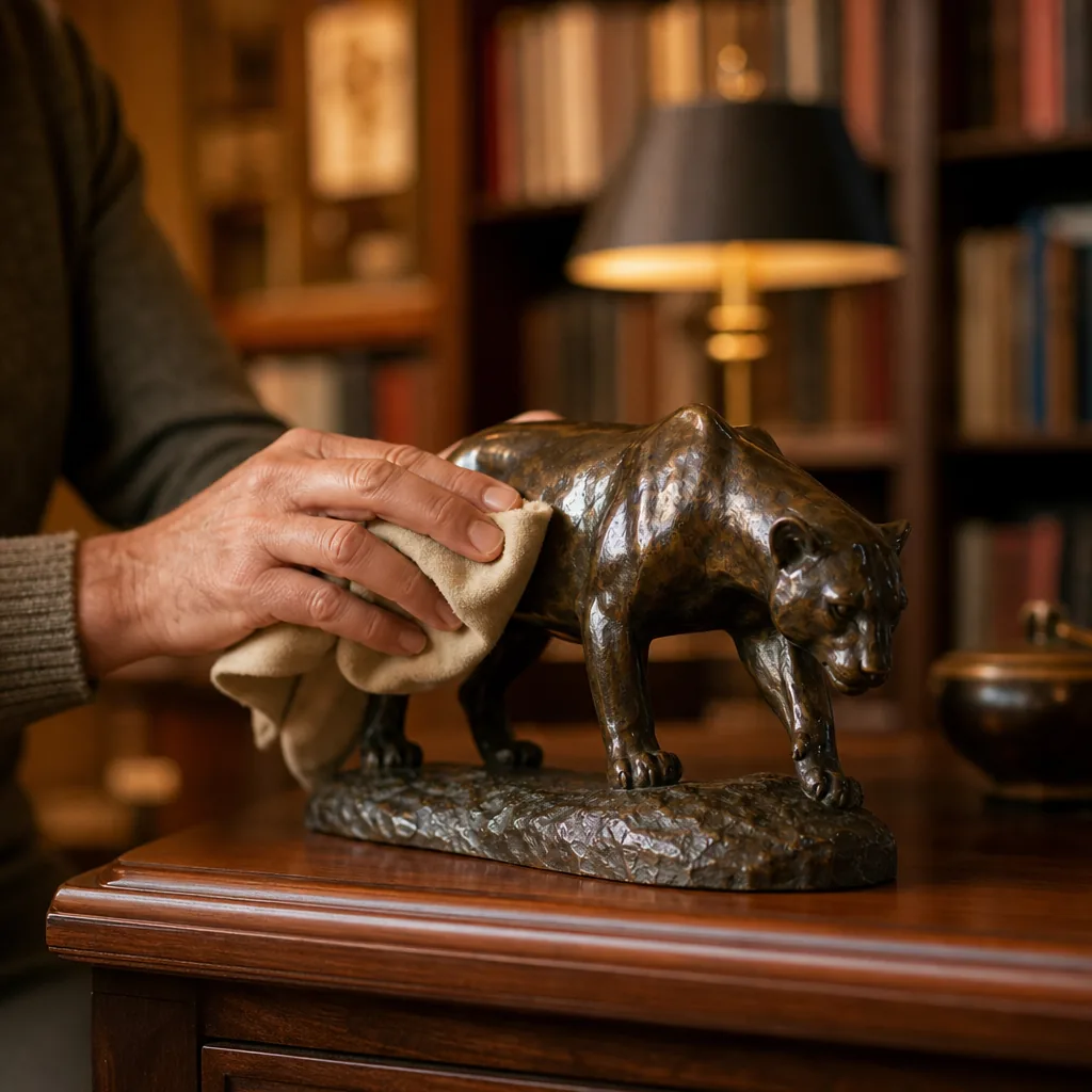 An elegant close-up lifestyle photograph showing a person's hands in soft focus gently applying wax to the surface of a 